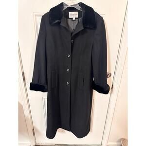 Vintage Old Money Style Women’s Black Wool Fashion Dress Coat w/ Faux Fur